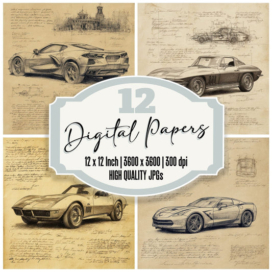 Sports Car Sketch Sleek Body Draft Digital Paper Pack (DDD003823)