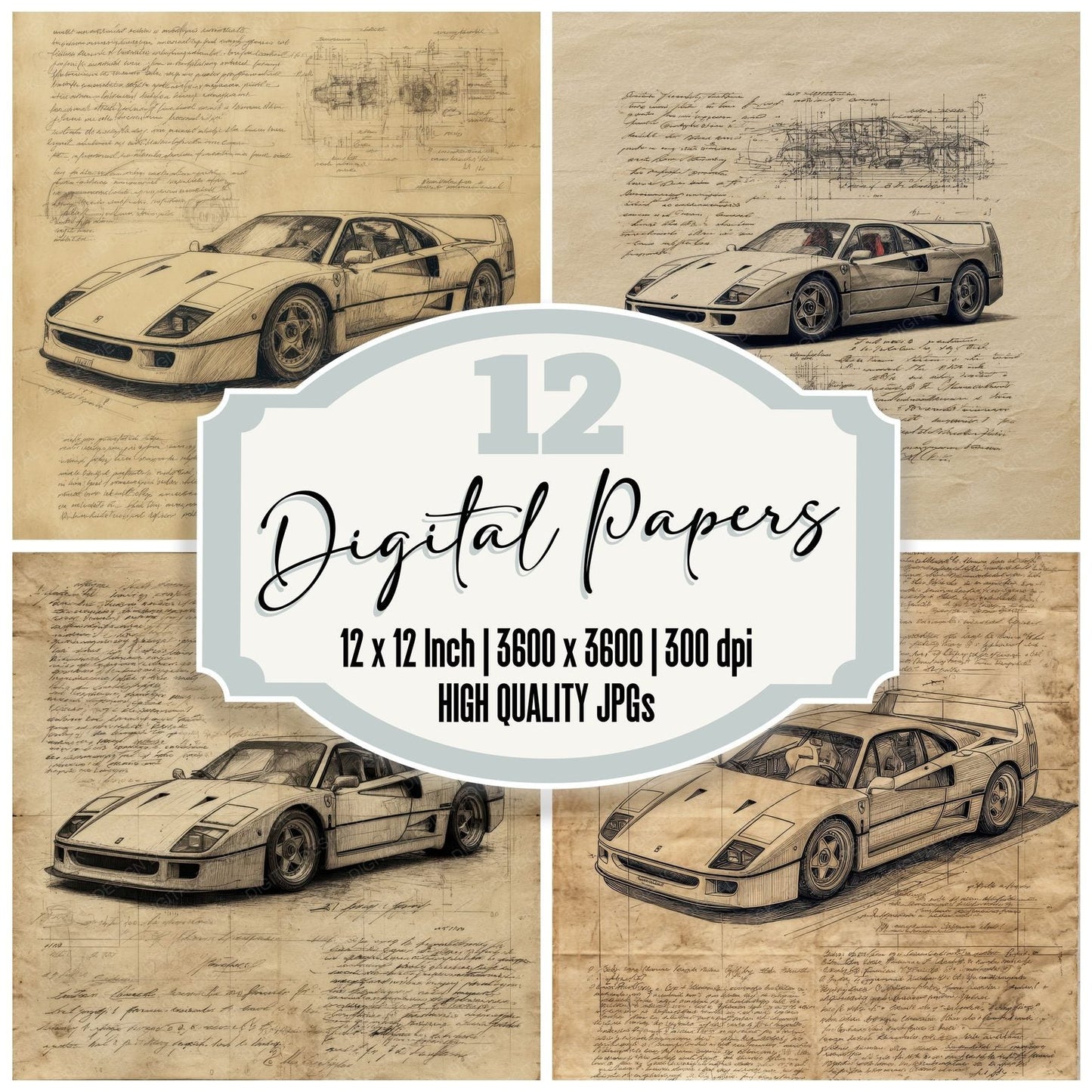 Sports Car Sketch Supercar Classic Plate Digital Paper Pack (DDD003824)