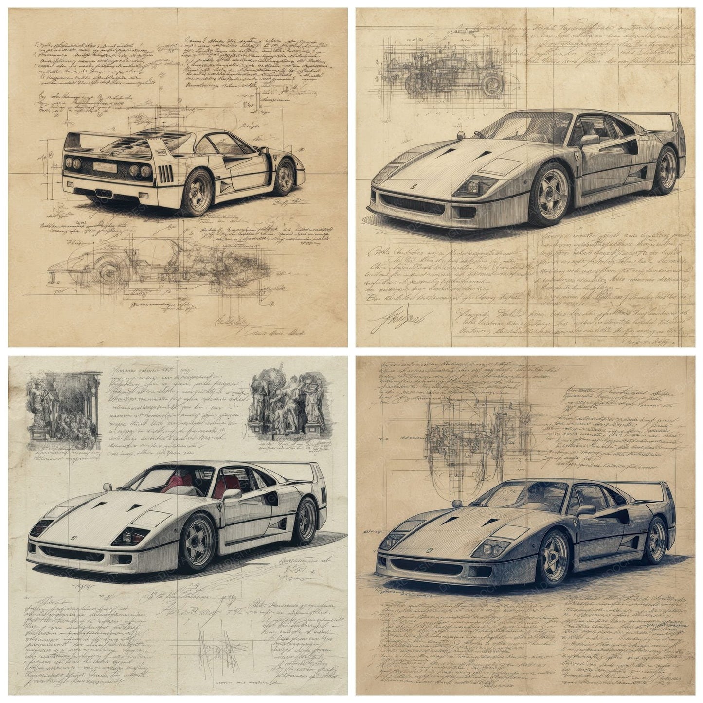 Sports Car Sketch Supercar Classic Plate Digital Paper Pack (DDD003824)
