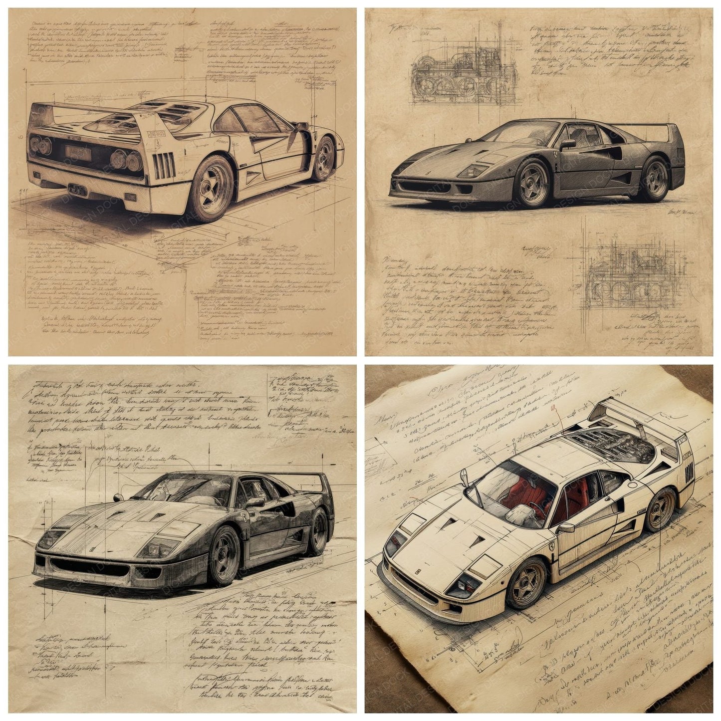 Sports Car Sketch Supercar Classic Plate Digital Paper Pack (DDD003824)