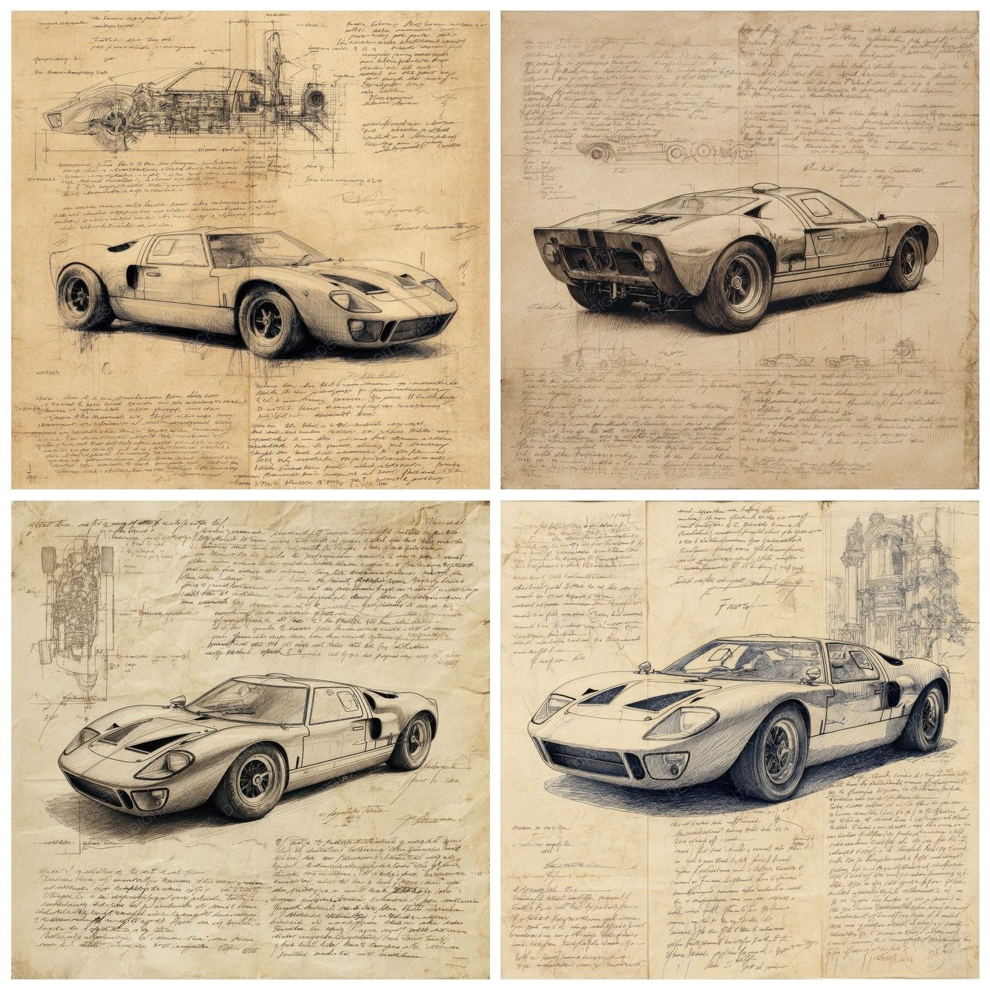 Sports Car Sketch Vintage Motion Blueprint Digital Paper Pack (DDD003825)