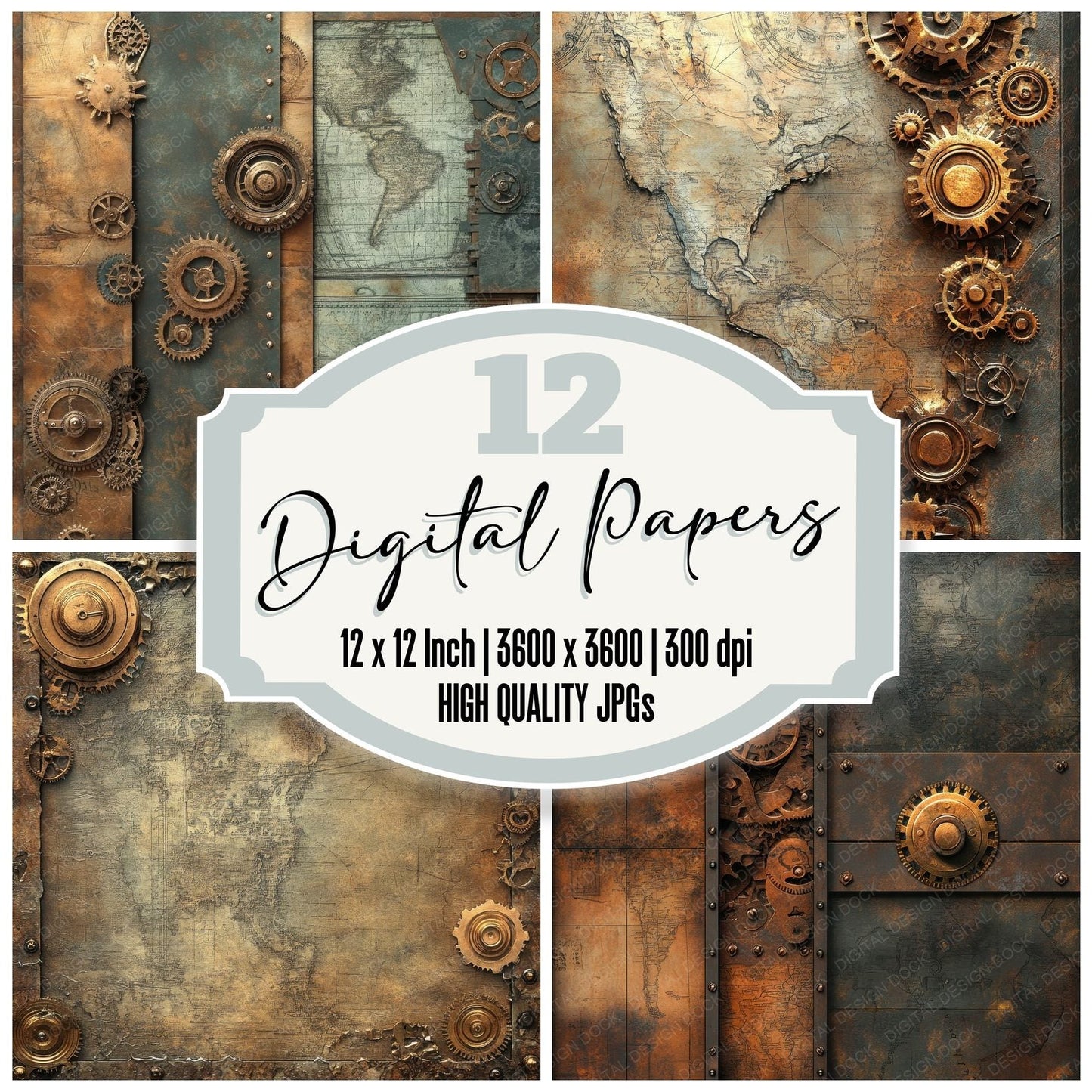 Steampunk Gearwork Maps Digital Paper Pack (DDD003850)