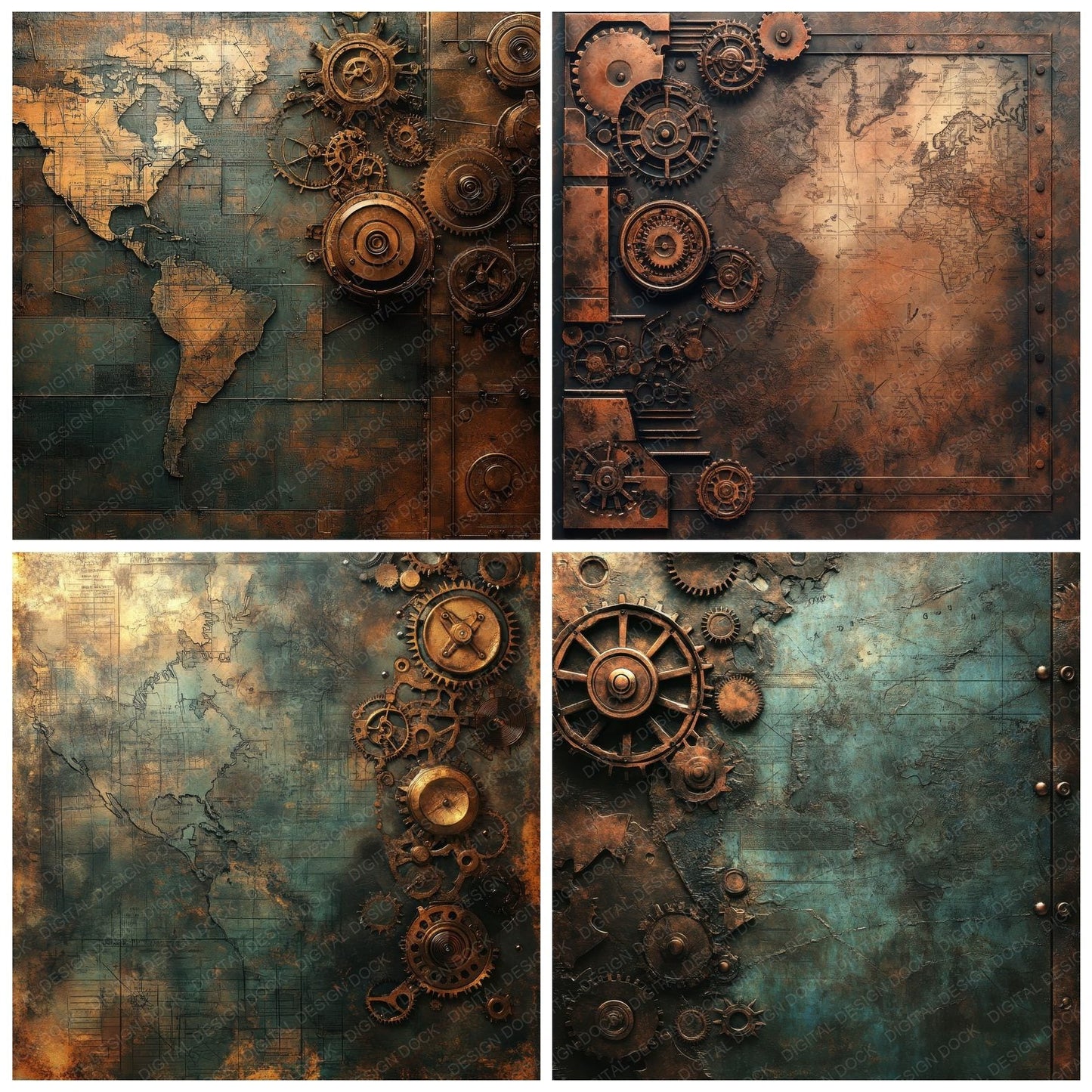 Steampunk Gearwork Maps Digital Paper Pack (DDD003850)