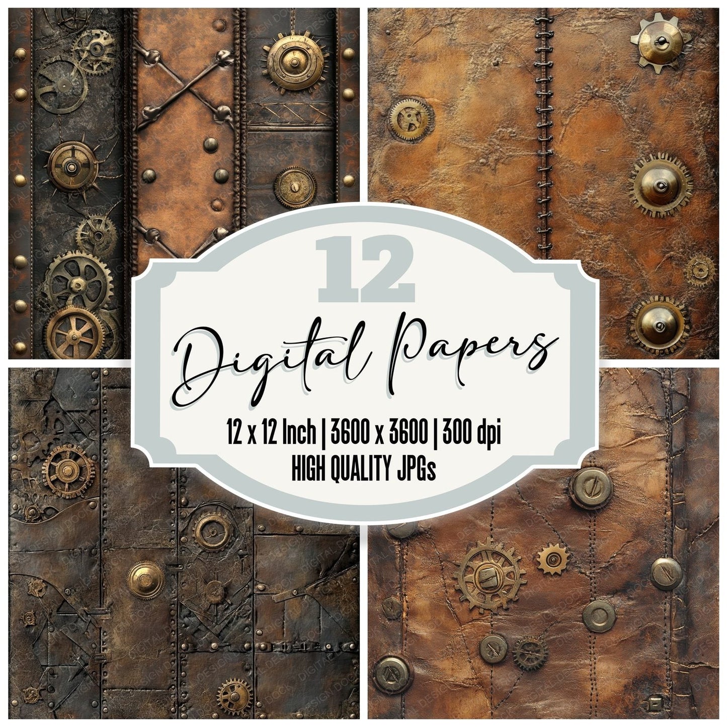 Steampunk Leather Brass Fastenings Background Digital Paper Pack (DDD003852)