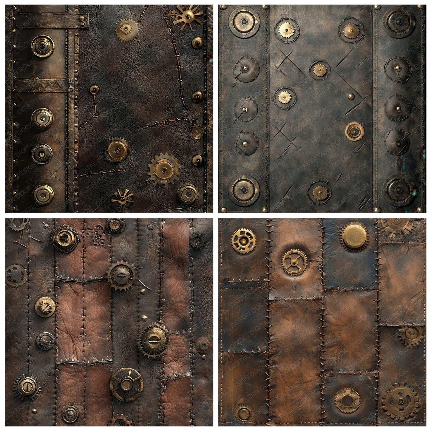 Steampunk Leather Brass Fastenings Background Digital Paper Pack (DDD003852)
