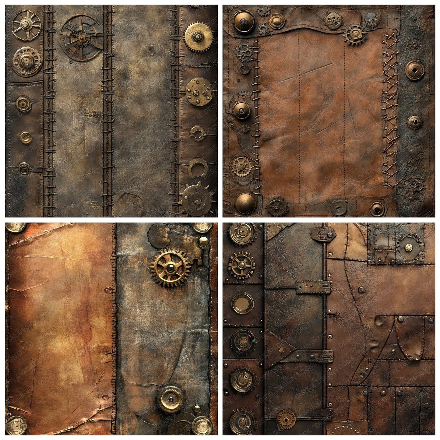 Steampunk Leather Brass Fastenings Background Digital Paper Pack (DDD003852)