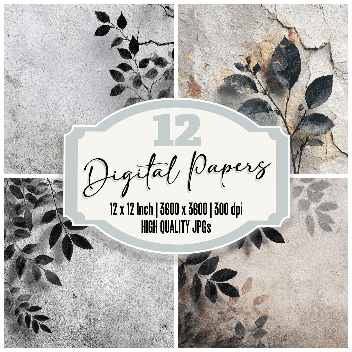 Stone Black Leaf Minimal Digital Paper Pack (DDD003862)