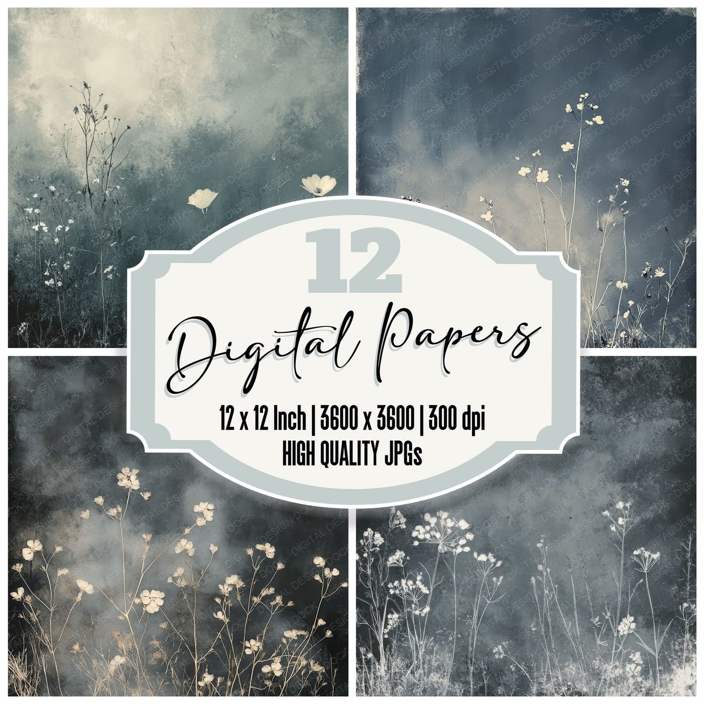 Storm Gray Florals Digital Paper Pack (DDD003868)
