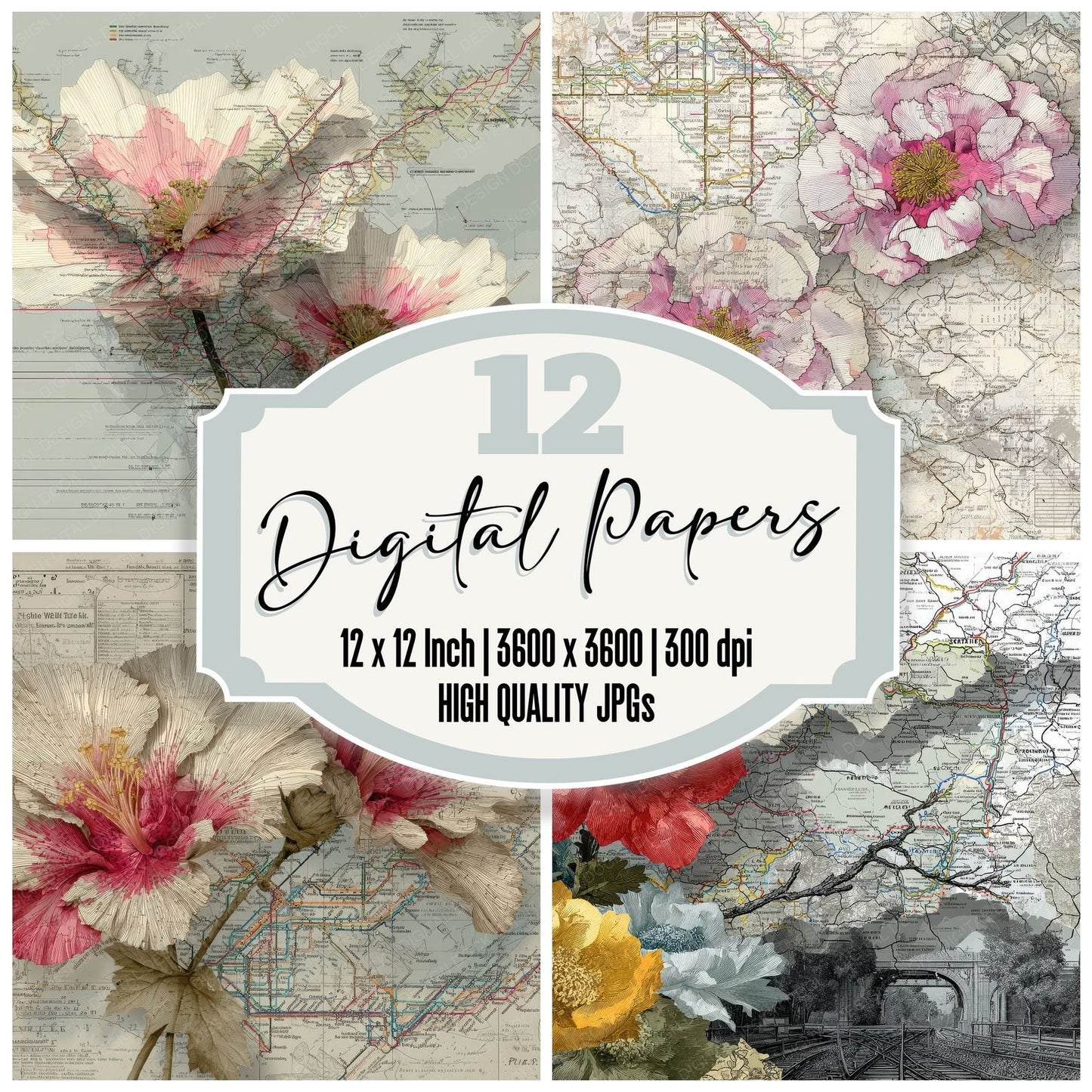 Subway Topo Map Flower Digital Paper Pack (DDD003886)