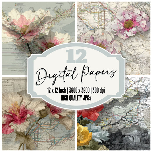 Subway Topo Map Flower Digital Paper Pack (DDD003886)