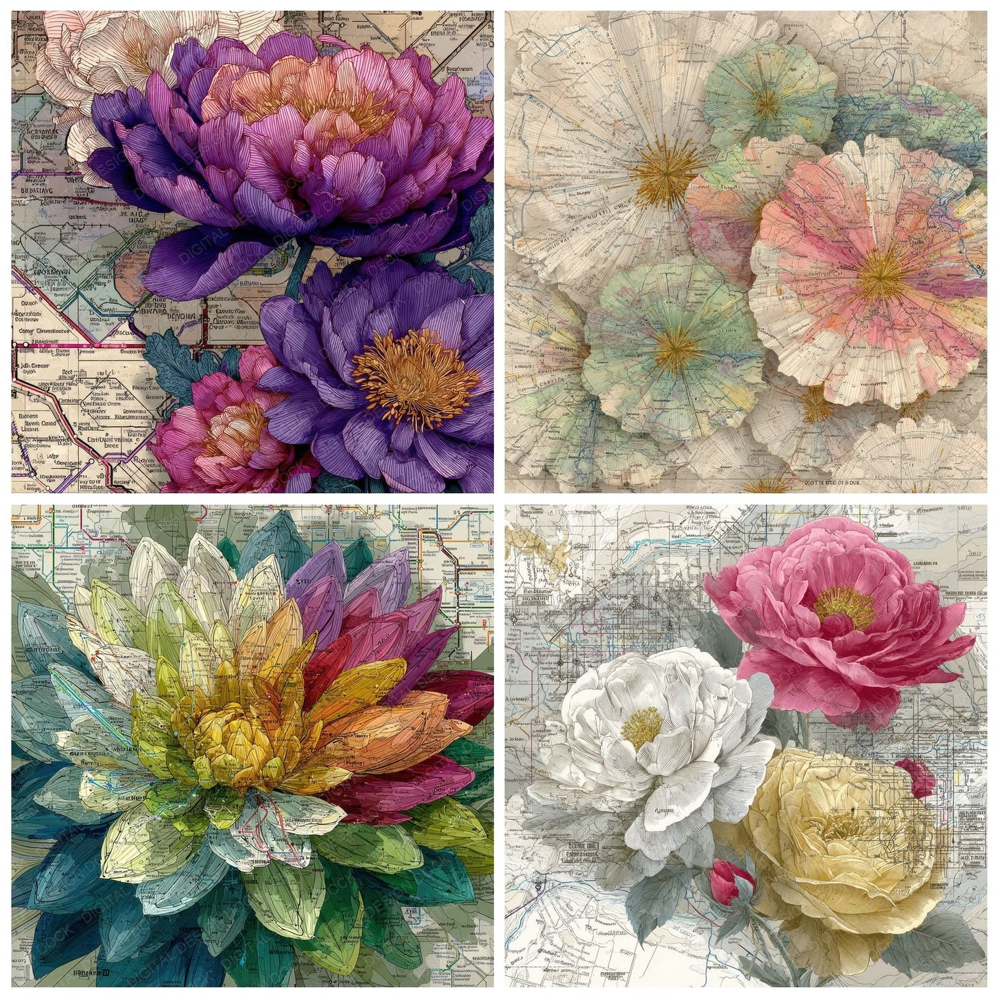 Subway Topo Map Flower Digital Paper Pack (DDD003886)