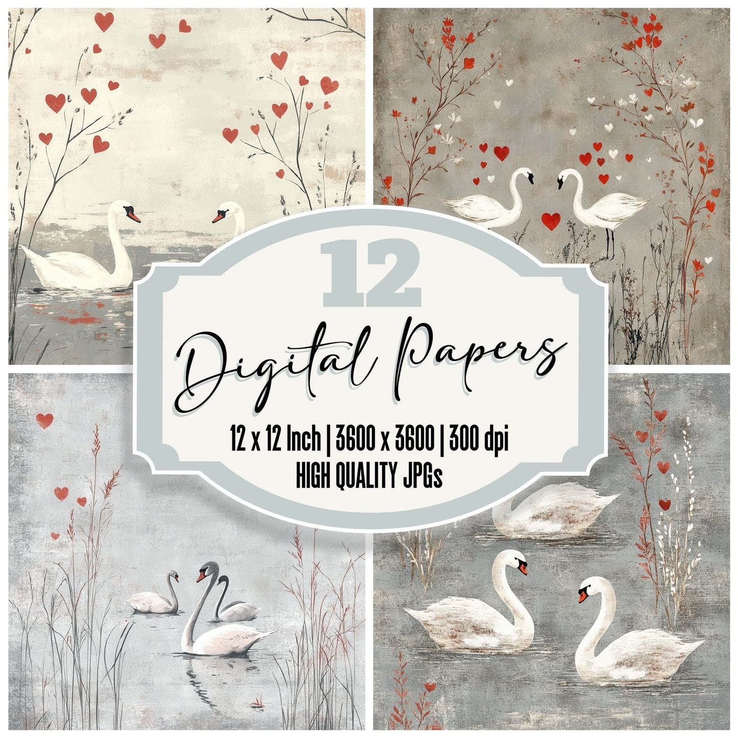 Swan Wheat Heart Digital Paper Pack (DDD003923)