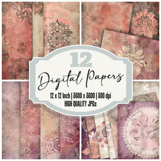 Taupe and Coral Pink Mandala Pattern Digital Paper Pack (DDD003953)