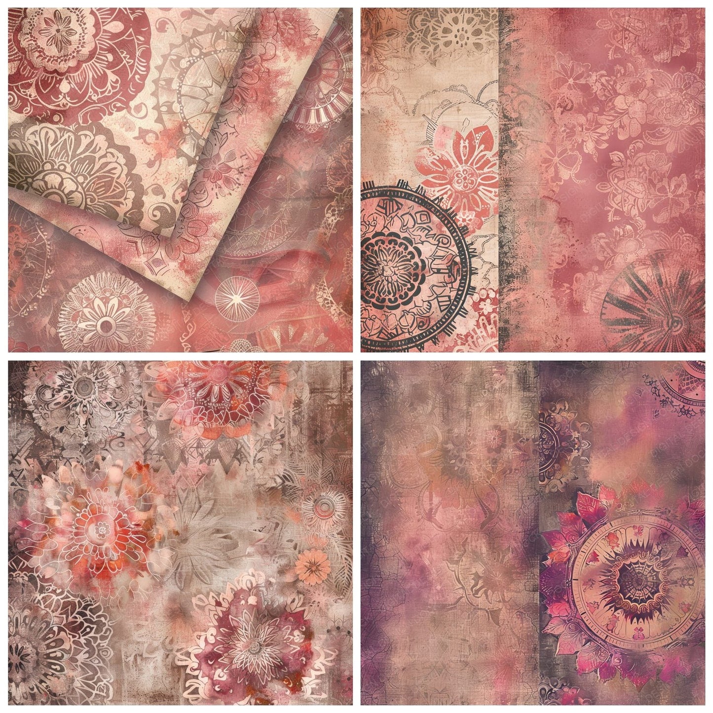 Taupe and Coral Pink Mandala Pattern Digital Paper Pack (DDD003953)
