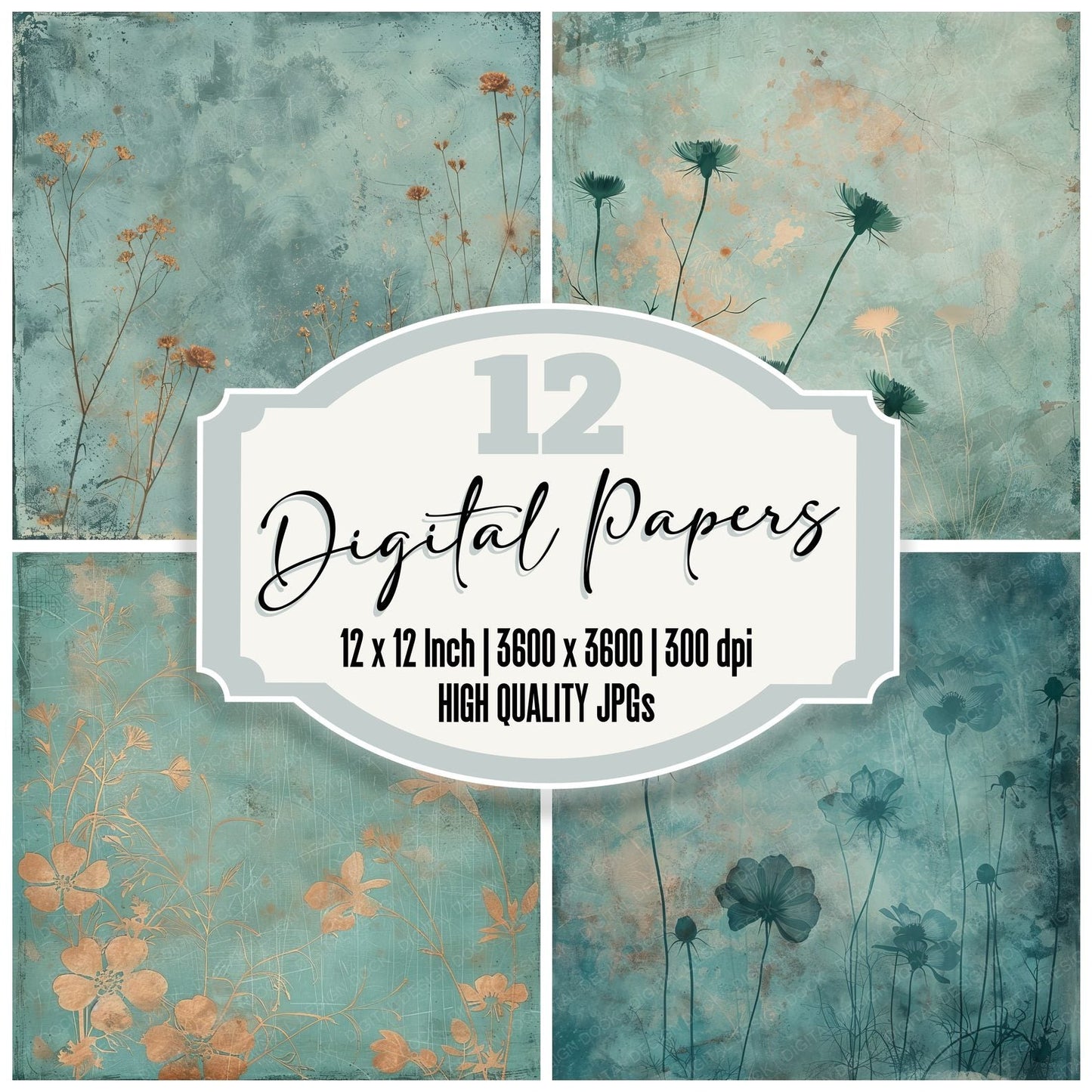 Teal Blue Floral Digital Paper Pack (DDD003956)