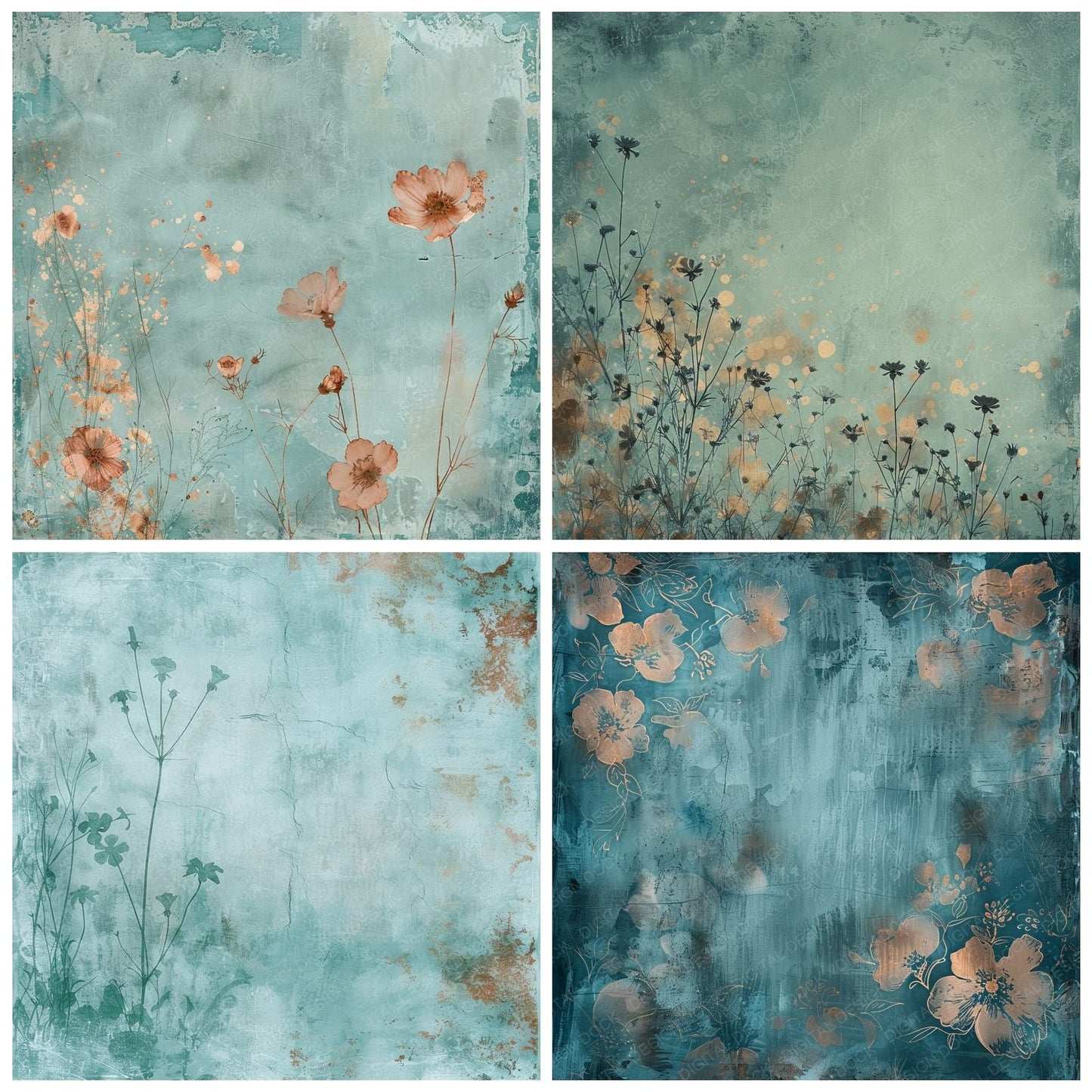 Teal Blue Floral Digital Paper Pack (DDD003956)