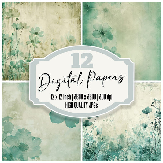 Teal Green Floral Digital Paper Pack (DDD003961)