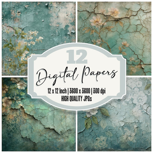 Teal Lace Peeling Floral Texture Digital Paper Pack (DDD003962)