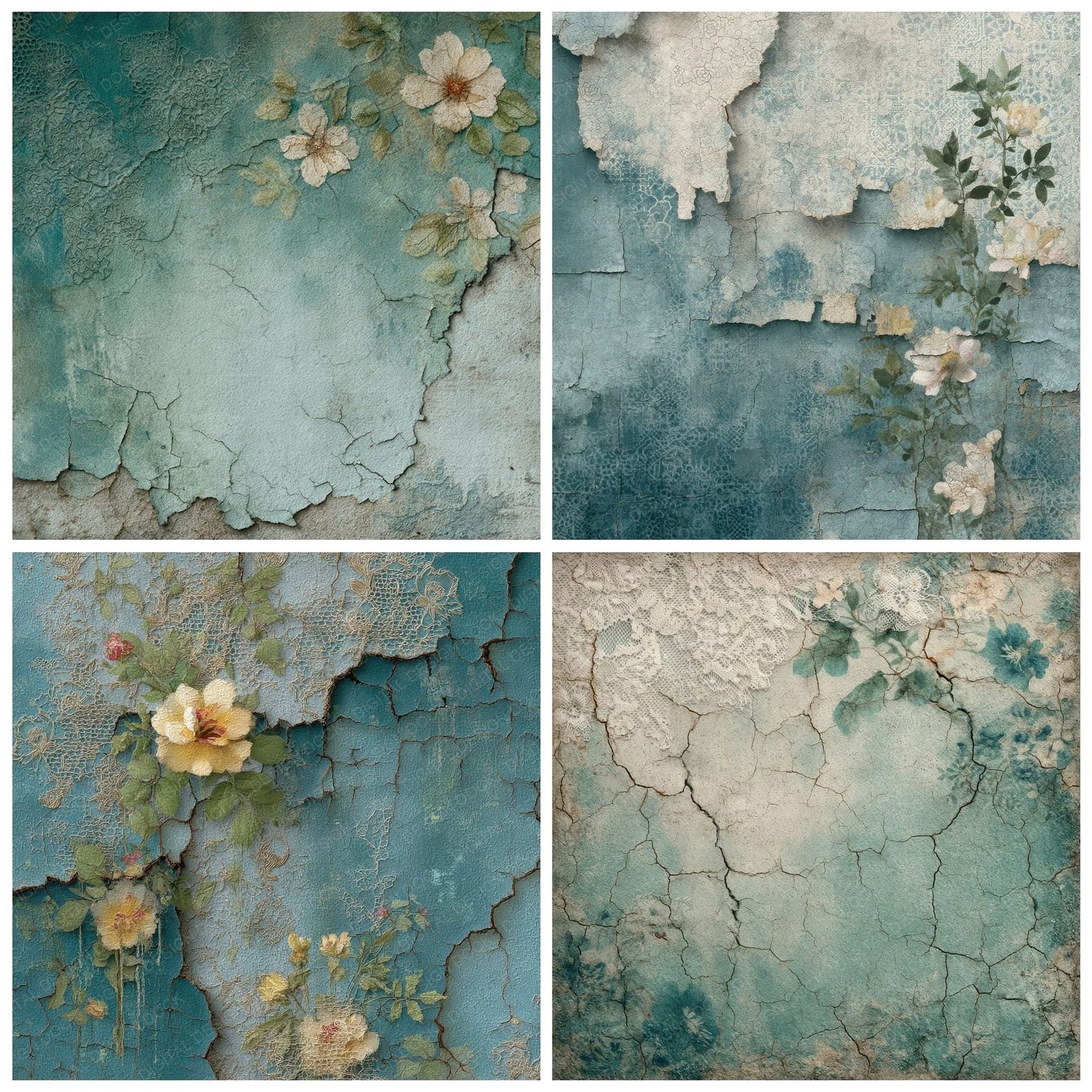 Teal Lace Peeling Floral Texture Digital Paper Pack (DDD003962)