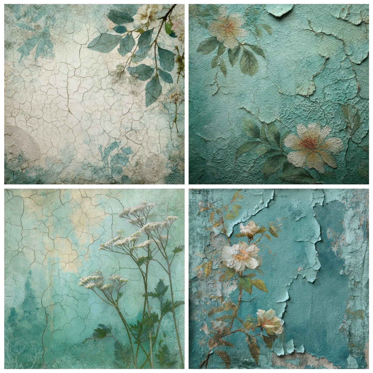 Teal Lace Peeling Floral Texture Digital Paper Pack (DDD003962)