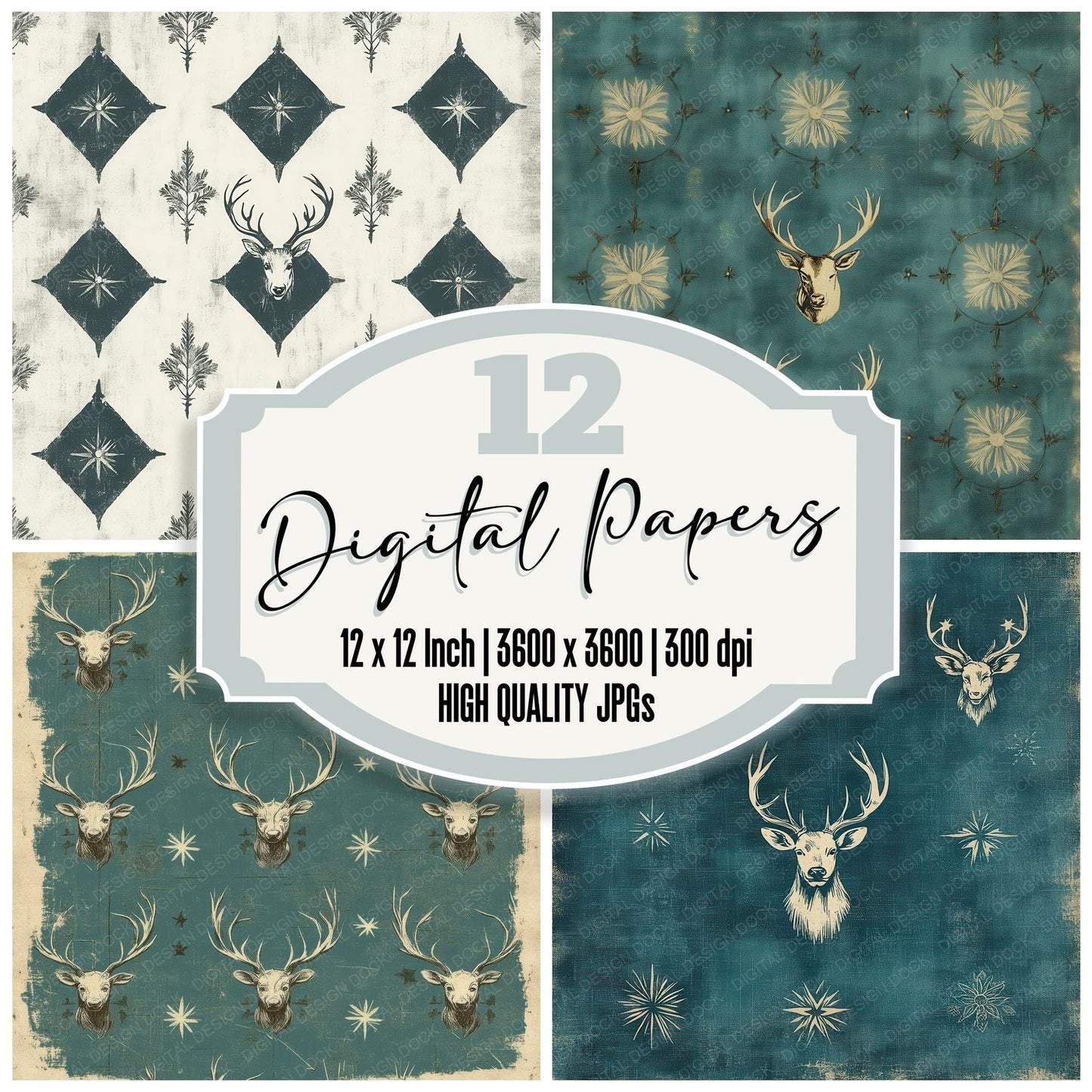 Teal Stag Rosette Digital Paper Pack (DDD003966)