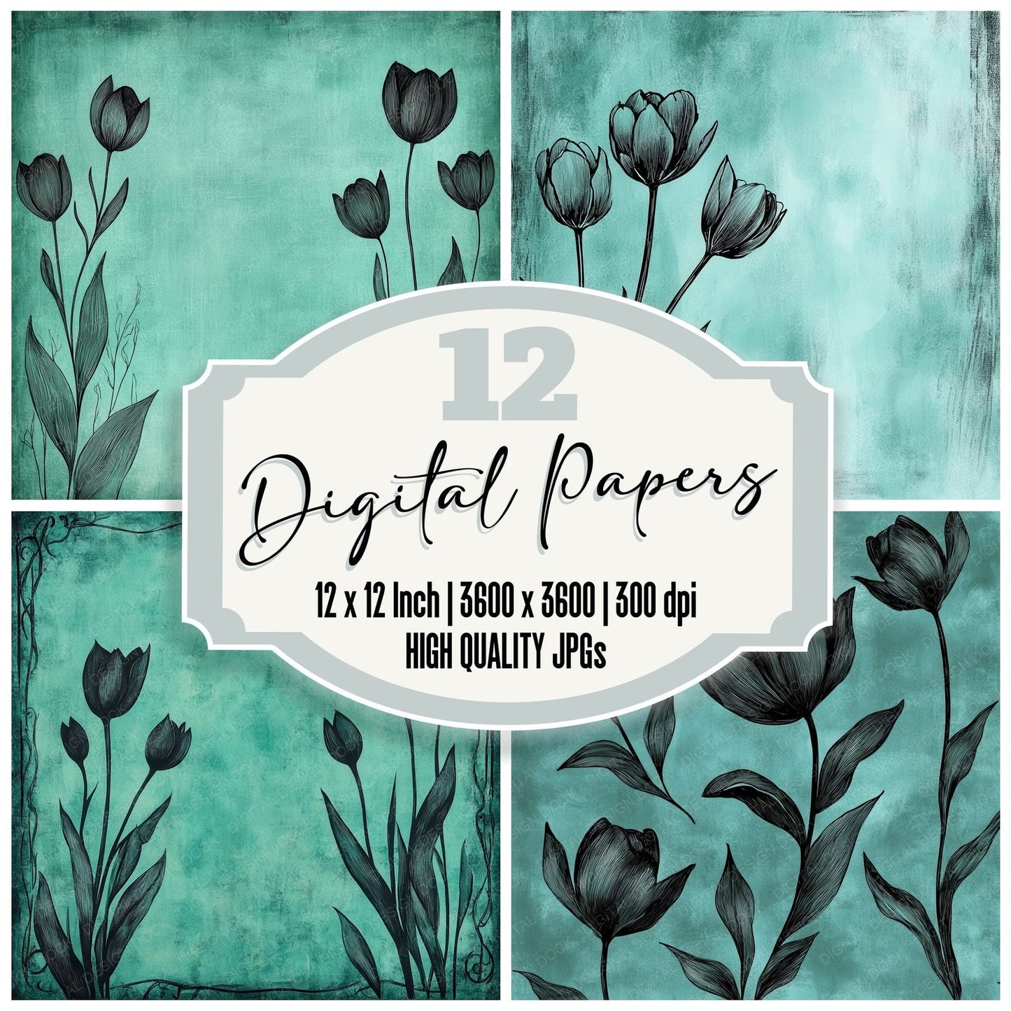 Teal Tulip Border Digital Paper Pack (DDD003967)