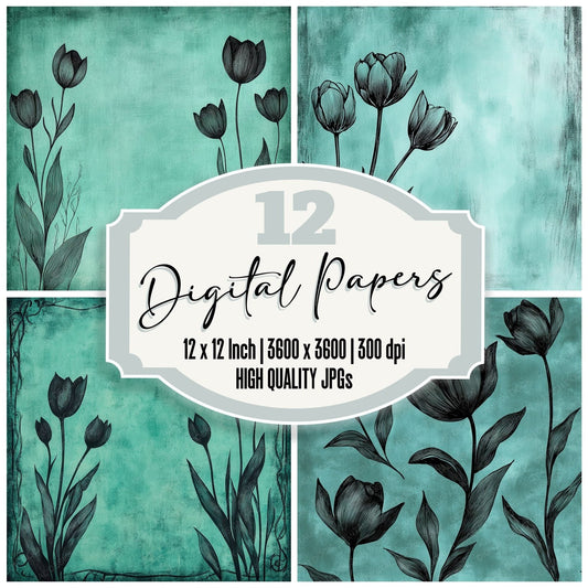 Teal Tulip Border Digital Paper Pack (DDD003967)