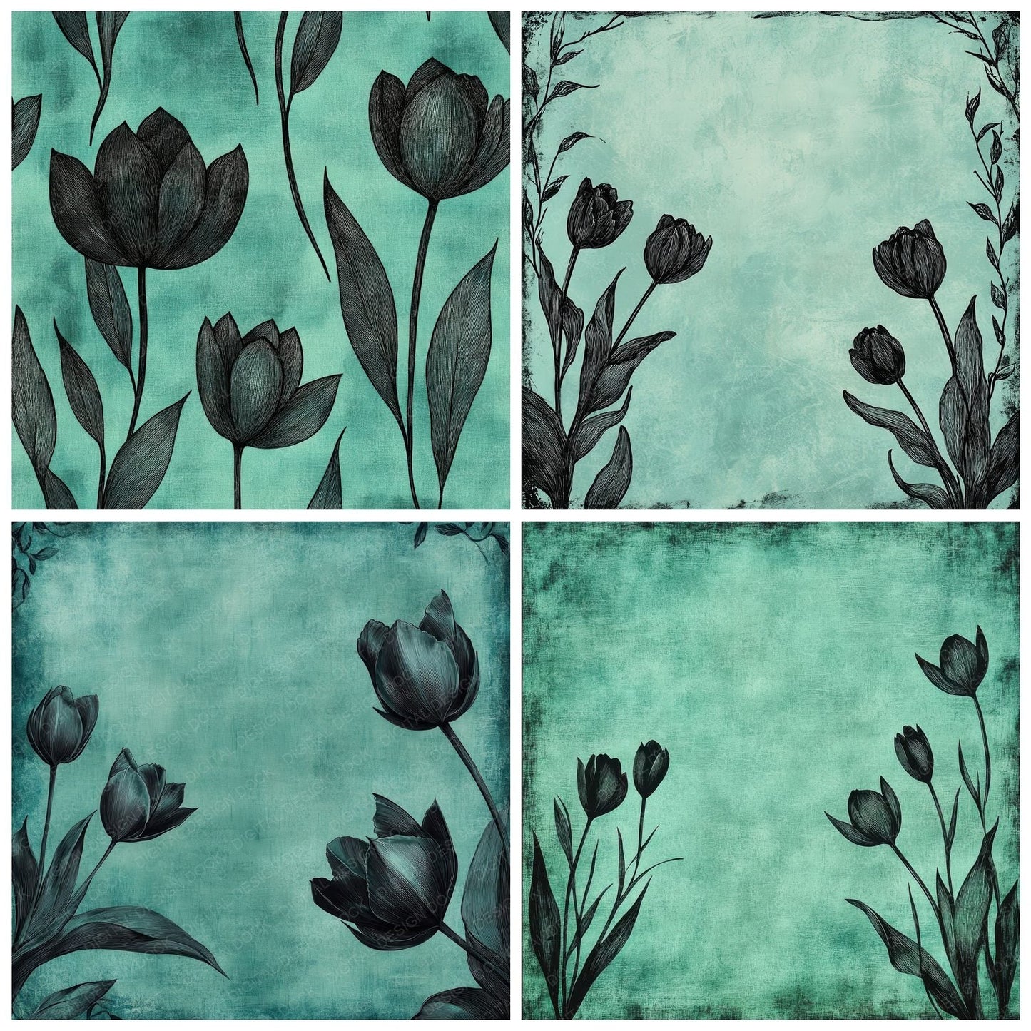 Teal Tulip Border Digital Paper Pack (DDD003967)