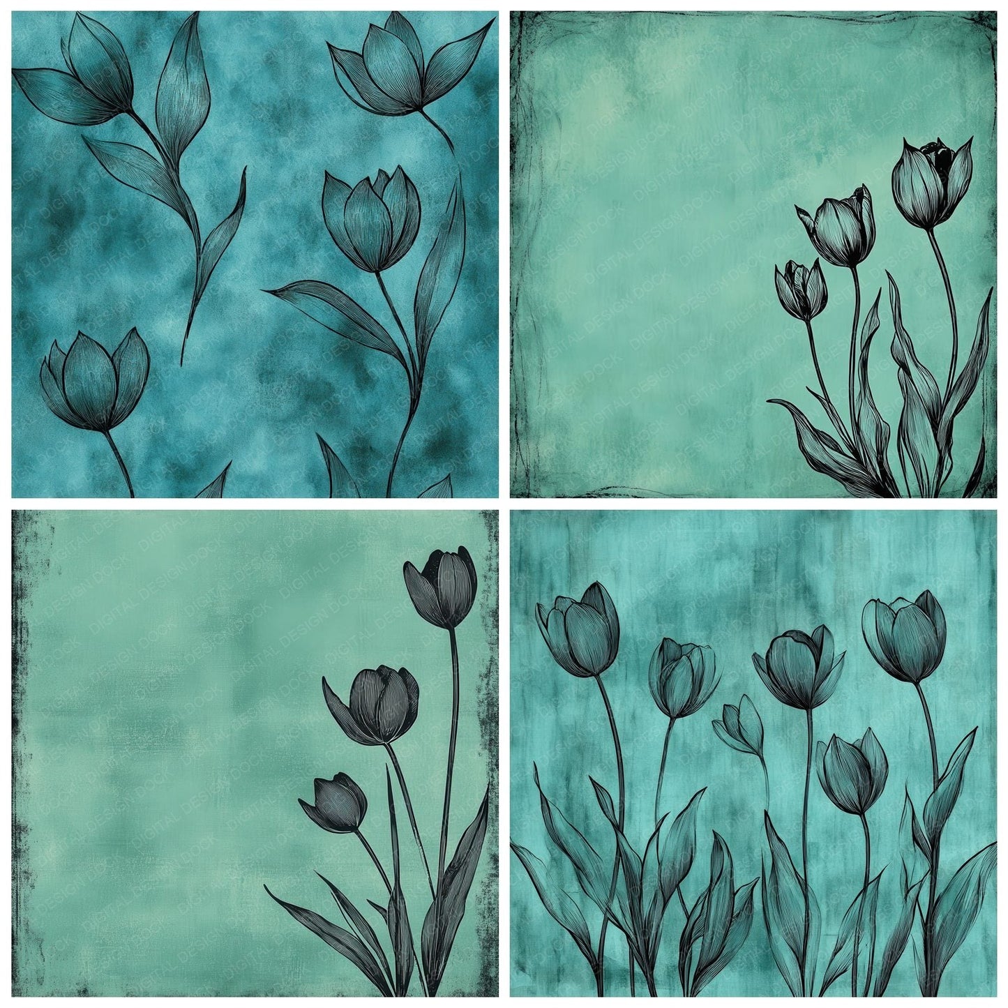 Teal Tulip Border Digital Paper Pack (DDD003967)