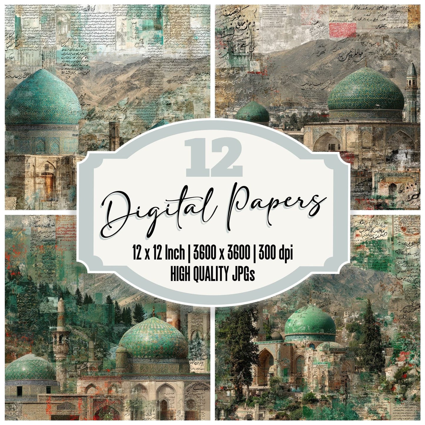 Tehran Collage Dome Map Script Digital Paper Pack (DDD003970)
