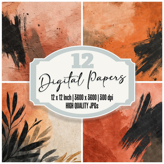 Terracotta Black Brush Leaves Digital Paper Pack (DDD003977)
