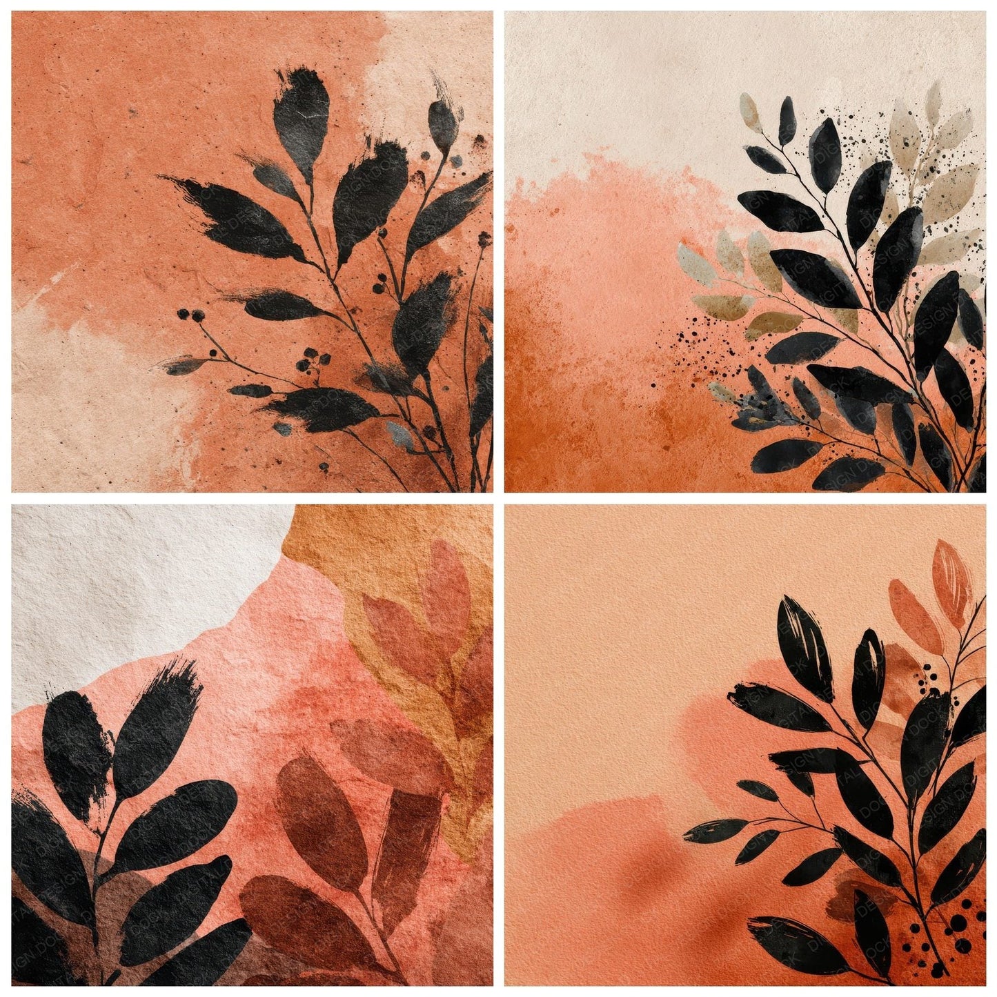 Terracotta Black Brush Leaves Digital Paper Pack (DDD003977)