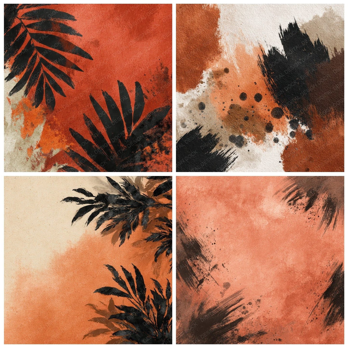 Terracotta Black Brush Leaves Digital Paper Pack (DDD003977)