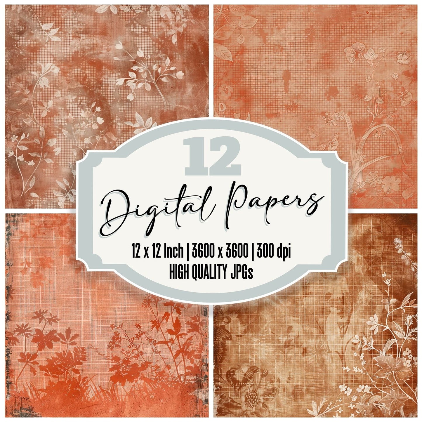 Terracotta Floral Gingham Digital Paper Pack (DDD003983)
