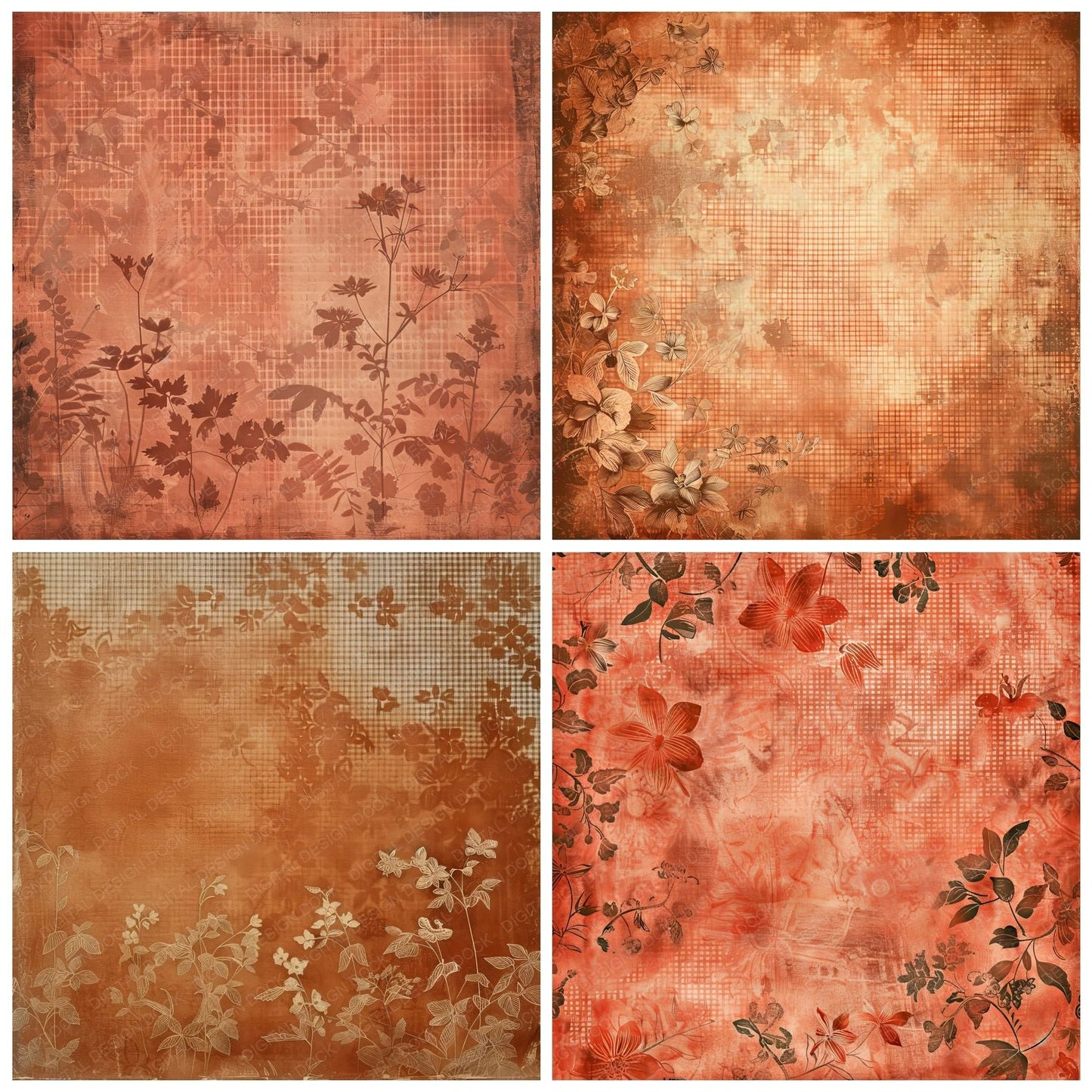 Terracotta Floral Gingham Digital Paper Pack (DDD003983)