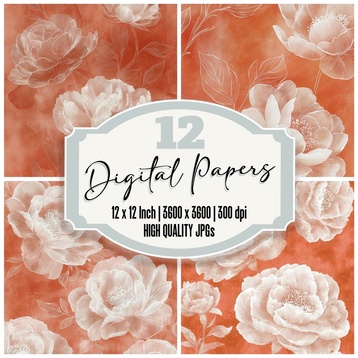 Terracotta Peony Outline Digital Paper Pack (DDD003985)