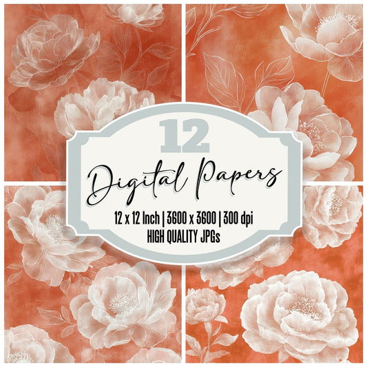Terracotta Peony Outline Digital Paper Pack (DDD003985)