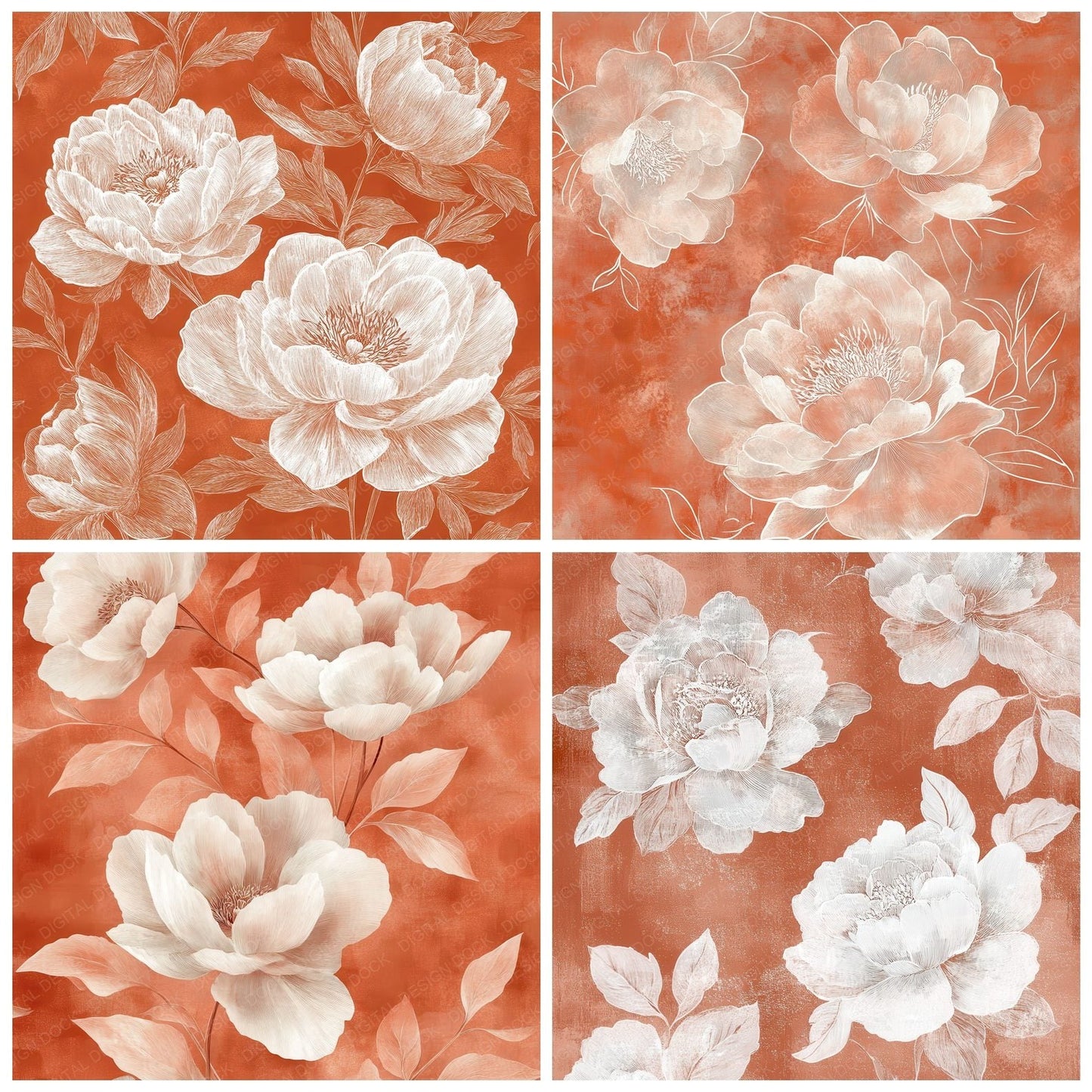 Terracotta Peony Outline Digital Paper Pack (DDD003985)