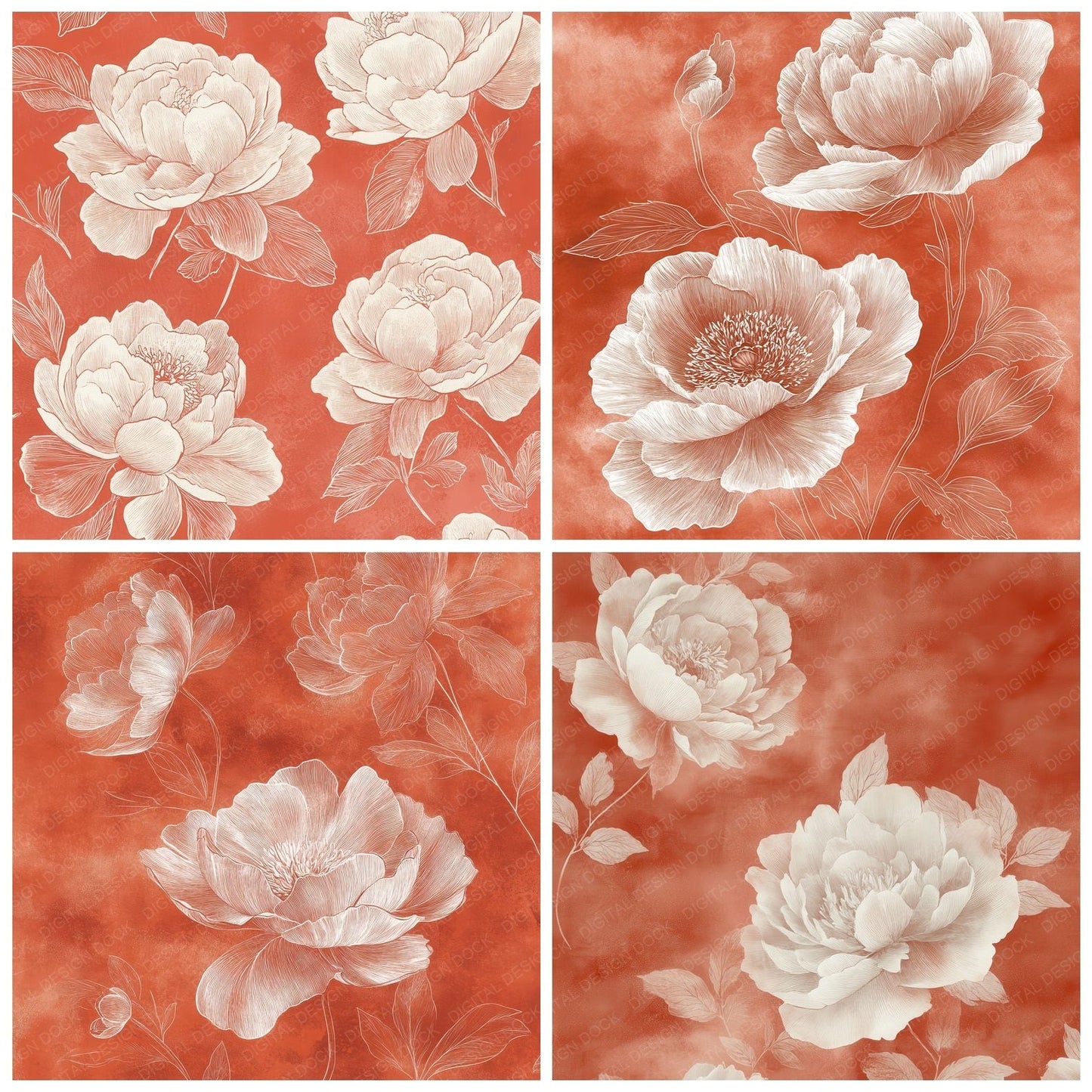 Terracotta Peony Outline Digital Paper Pack (DDD003985)