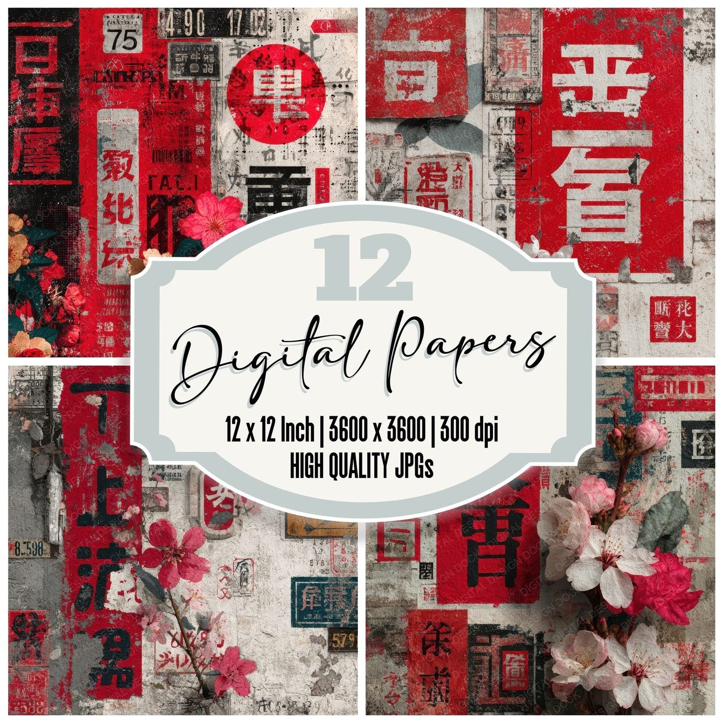 Tokyo Collage Red White Blossom Digital Paper Pack (DDD004015)