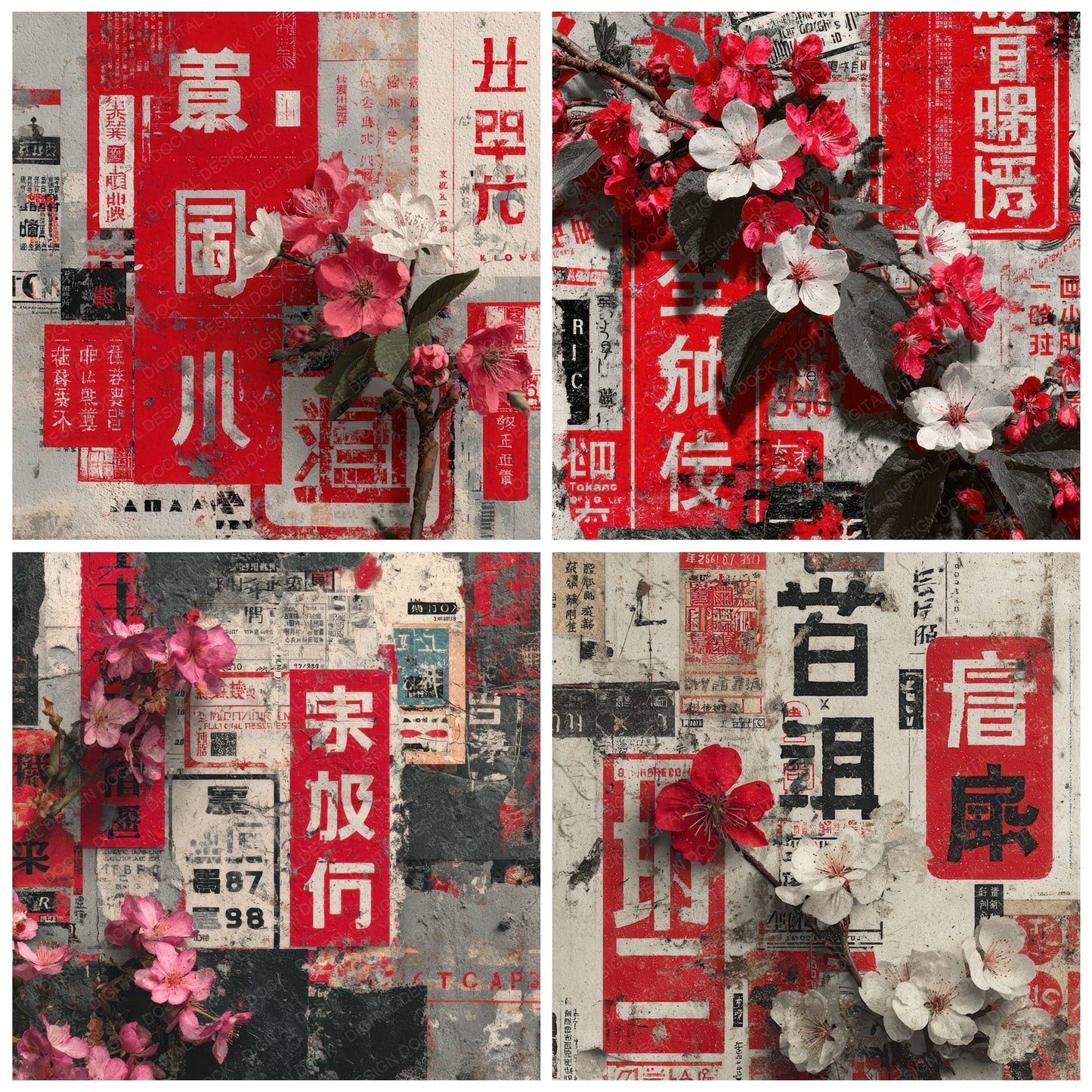 Tokyo Collage Red White Blossom Digital Paper Pack (DDD004015)