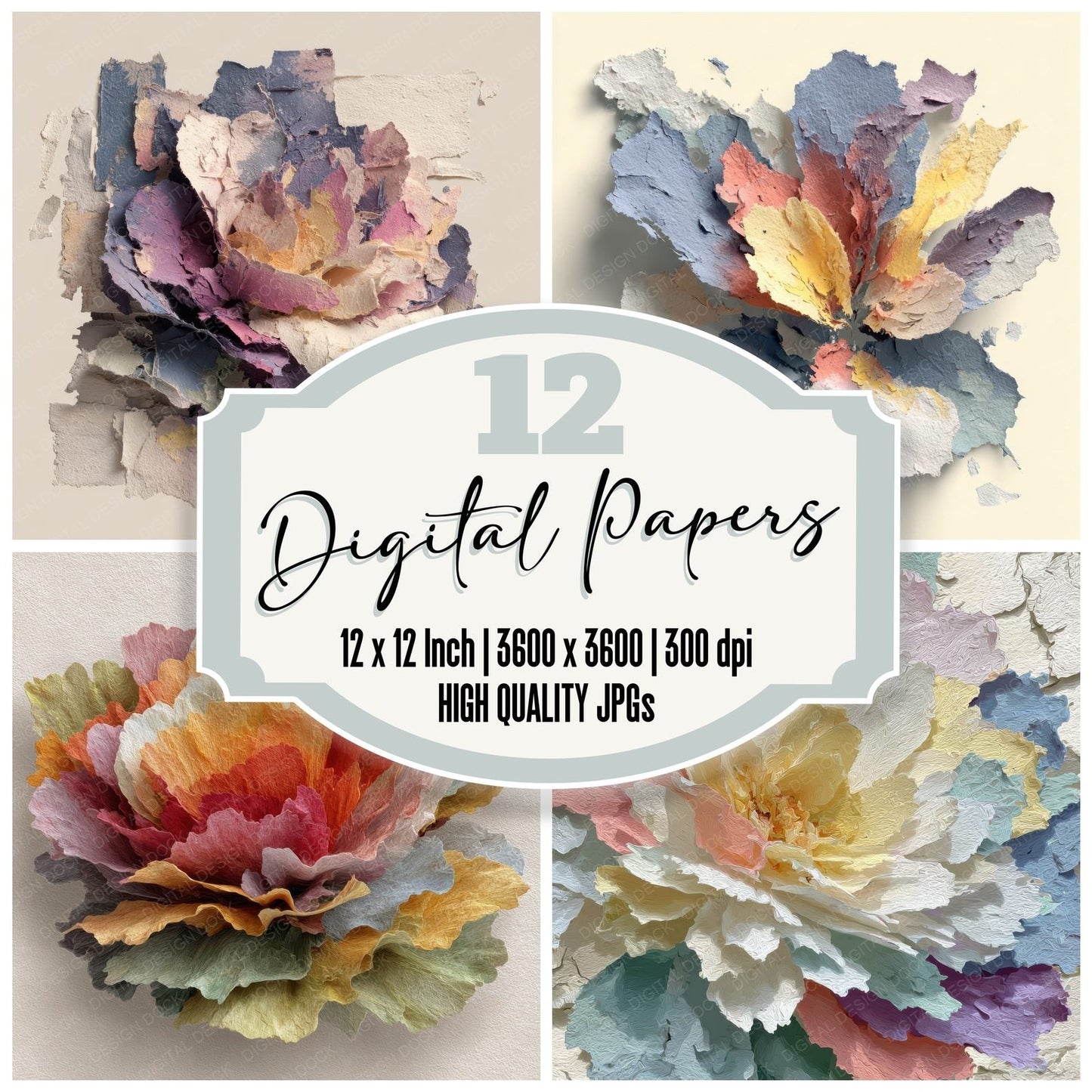 Torn Floral Cream Digital Paper Pack (DDD004027)