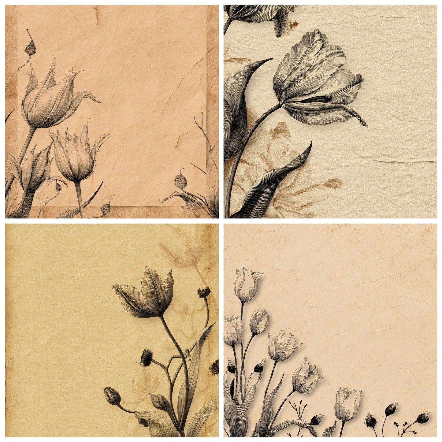 Tulip Pod Botanical Etching Digital Paper Pack (DDD004093)