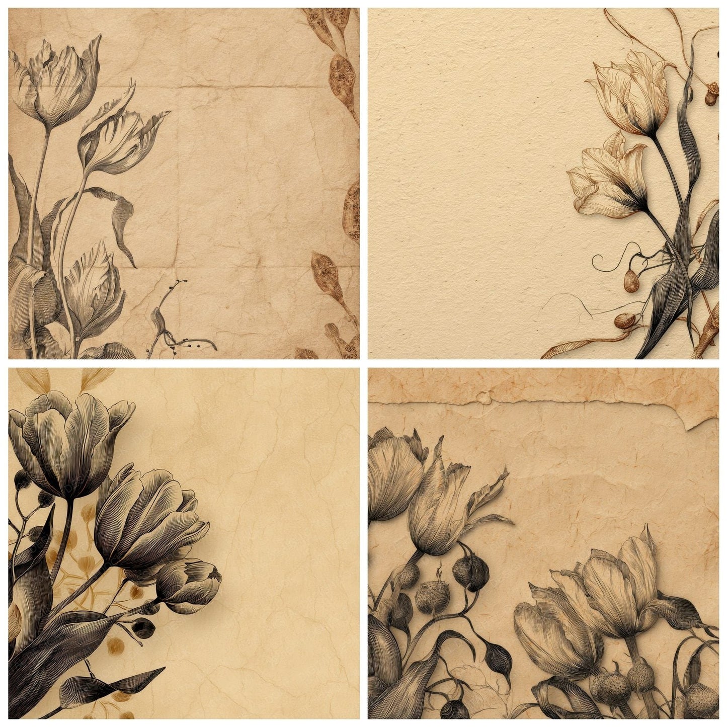 Tulip Pod Botanical Etching Digital Paper Pack (DDD004093)