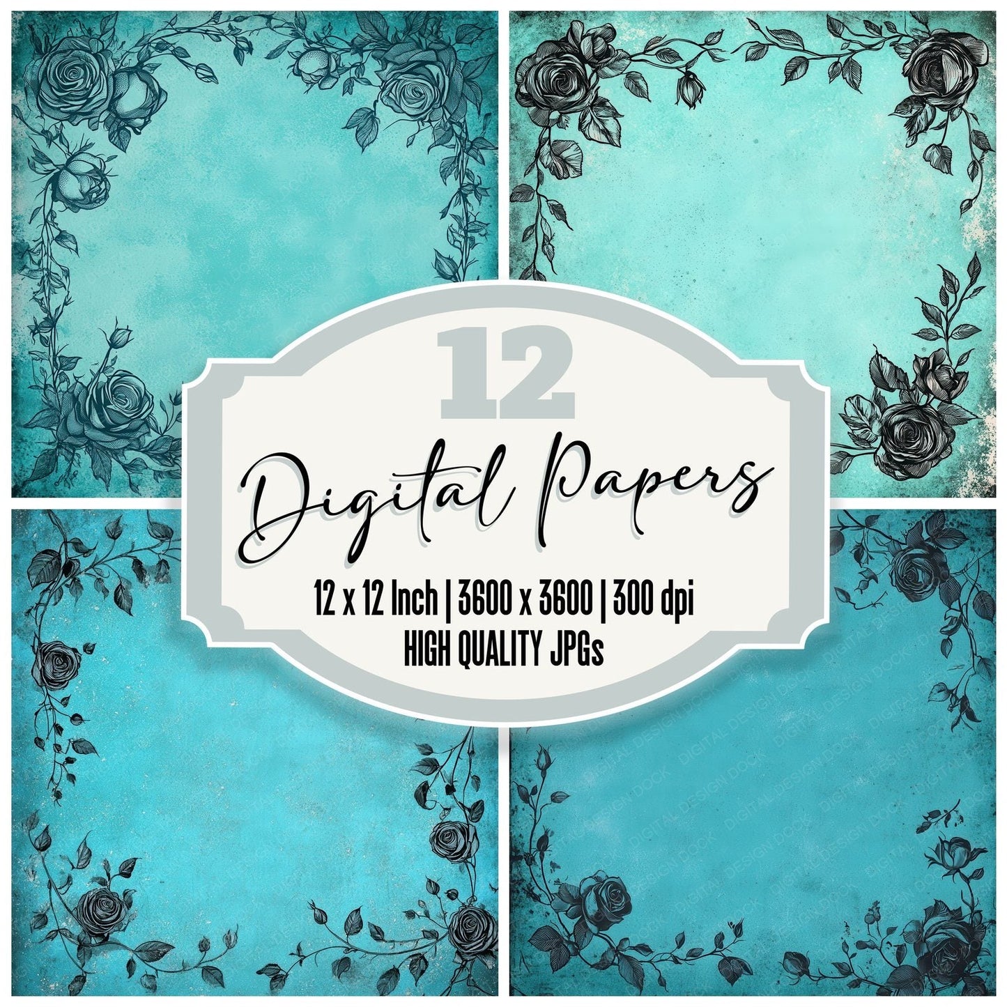 Turquoise Rose Frame Digital Paper Pack (DDD004105)