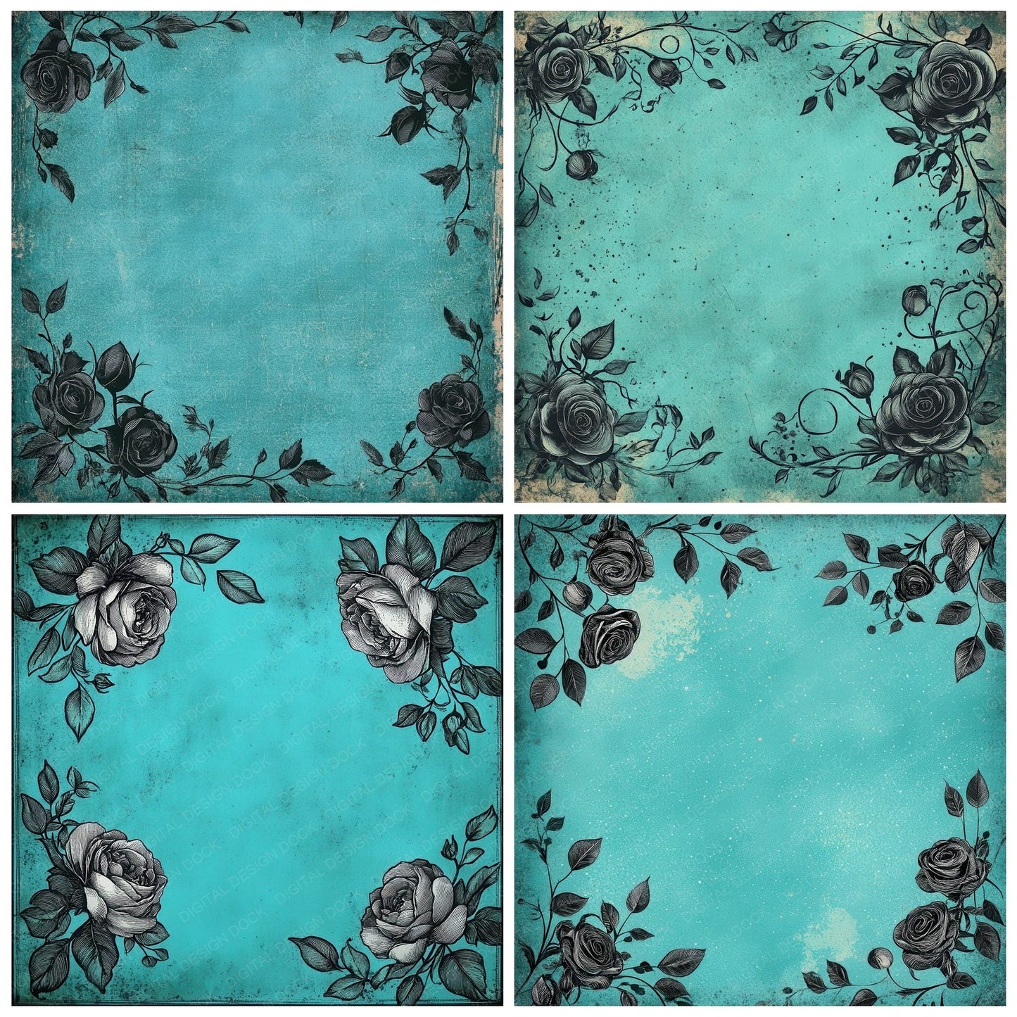 Turquoise Rose Frame Digital Paper Pack (DDD004105)