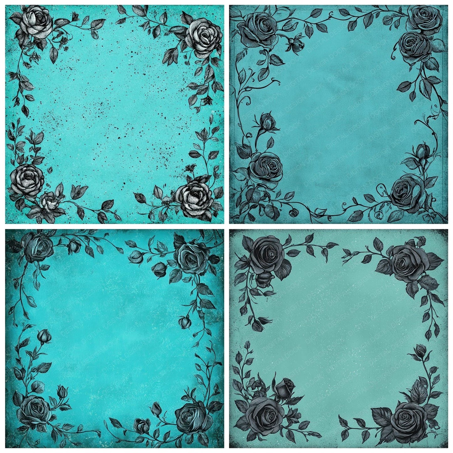 Turquoise Rose Frame Digital Paper Pack (DDD004105)