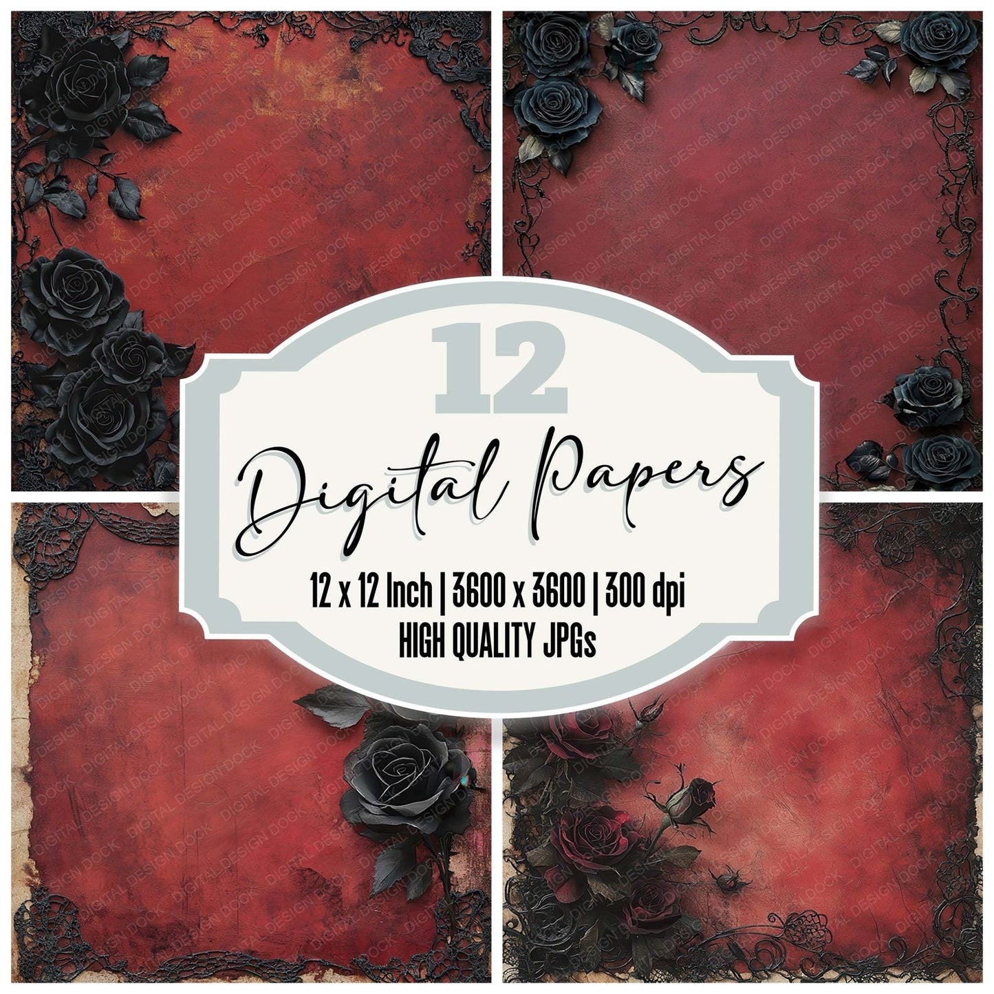 Victorian Decoupage Black Rose Mourning Digital Paper Pack (DDD004167)