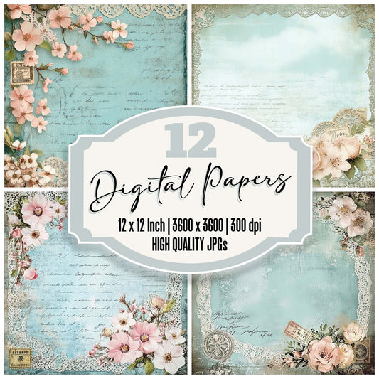 Victorian Decoupage Blue Doily Postcard Digital Paper Pack (DDD004168)