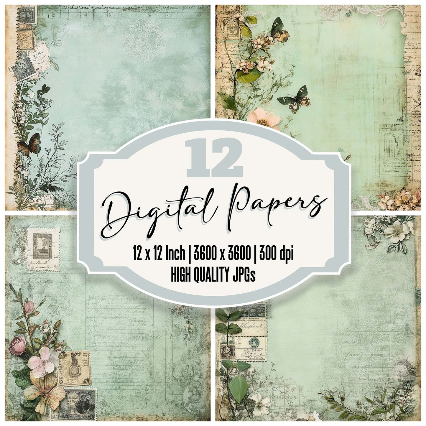 Victorian Decoupage Botanical Post Stamp Digital Paper Pack (DDD004169)
